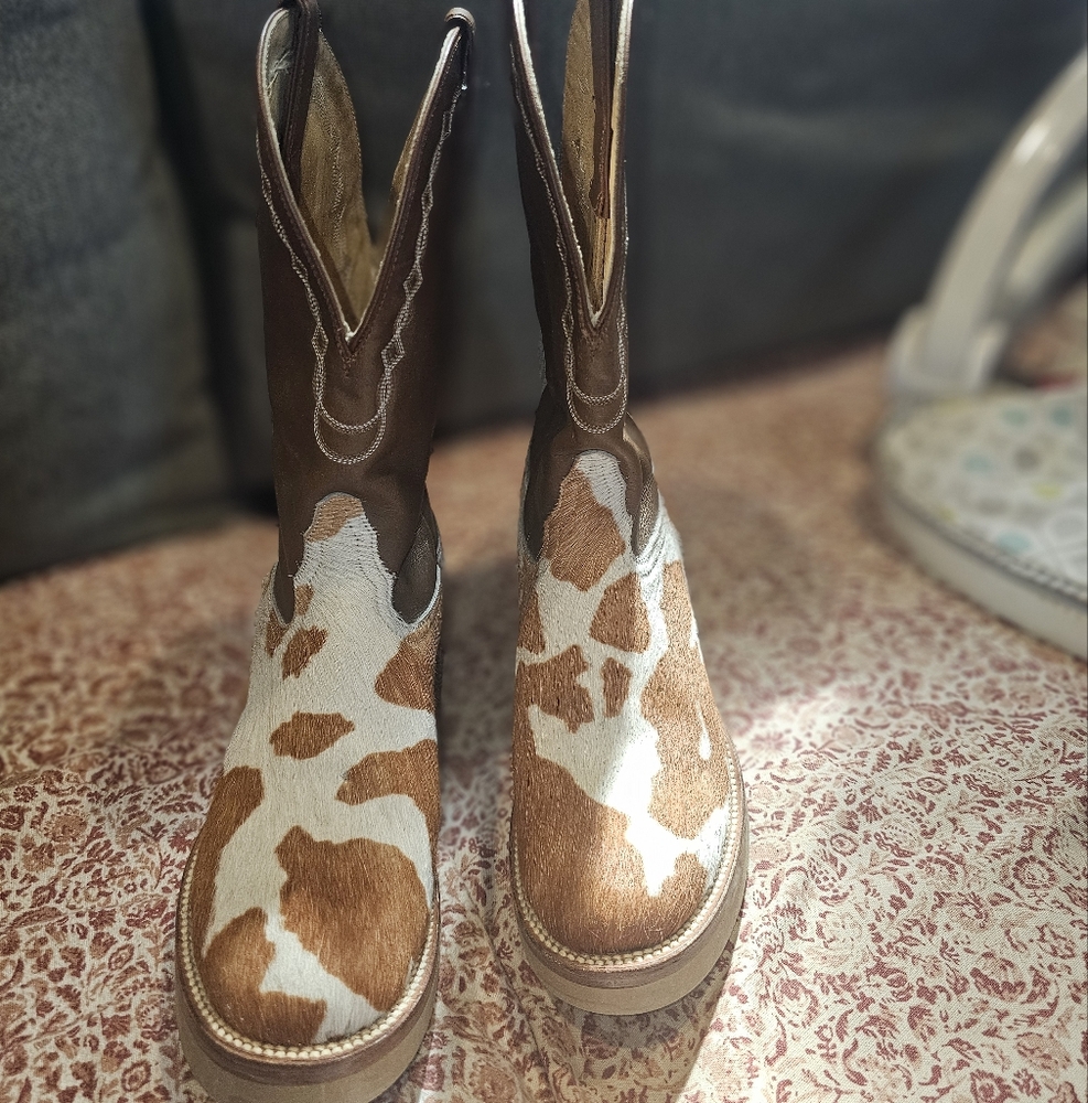 Tony Lama Brown and White Heeled Boots with Cow Print